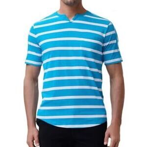 SALE Good Man Blue White Stripe Cotton Jersey T-Shirt Split Neck Mens Small NWOT